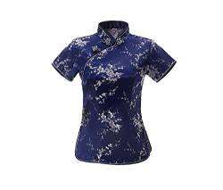 ACVIP Damen Pflaumenblüte Qipao Oberteile Stehkragen Kurzarm Chinesische Bluse Top(China 2XL/EU 42,Königsblau) von ACVIP