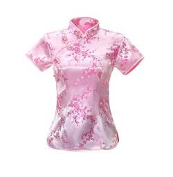 ACVIP Damen Pflaumenblüte Qipao Oberteile Stehkragen Kurzarm Chinesische Bluse Top(China 3XL/EU 44,Rosa) von ACVIP