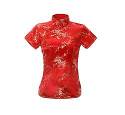 ACVIP Damen Pflaumenblüte Qipao Oberteile Stehkragen Kurzarm Chinesische Bluse Top(China 4XL/EU 46,Rot) von ACVIP