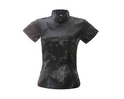 ACVIP Damen Pflaumenblüte Qipao Oberteile Stehkragen Kurzarm Chinesische Bluse Top(China 4XL/EU 46,Schwarz) von ACVIP