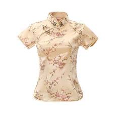 ACVIP Damen Pflaumenblüte Qipao Oberteile Stehkragen Kurzarm Chinesische Bluse Top(China L/EU 38,Gold) von ACVIP