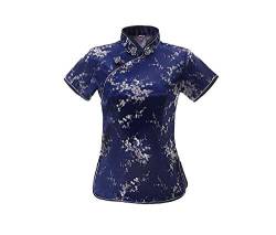 ACVIP Damen Pflaumenblüte Qipao Oberteile Stehkragen Kurzarm Chinesische Bluse Top(China M/EU 36,Königsblau) von ACVIP