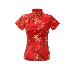 ACVIP Damen Pflaumenblüte Qipao Oberteile Stehkragen Kurzarm Chinesische Bluse Top(China M/EU 36,Rot) von ACVIP