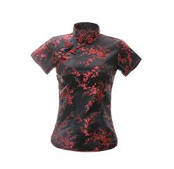 ACVIP Damen Pflaumenblüte Qipao Oberteile Stehkragen Kurzarm Chinesische Bluse Top(China S/EU 34,Schwarz&Rot) von ACVIP