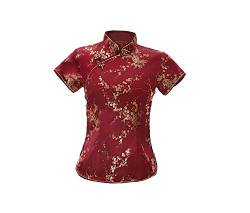 ACVIP Damen Pflaumenblüte Qipao Oberteile Stehkragen Kurzarm Chinesische Bluse Top(China S/EU 34,Weinrot) von ACVIP