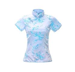 ACVIP Damen Pflaumenblüte Qipao Oberteile Stehkragen Kurzarm Chinesische Bluse Top(China S/EU 34,Weiß&Blau) von ACVIP