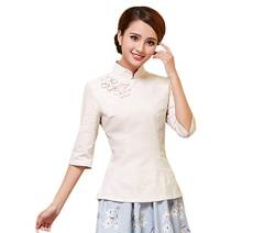ACVIP Damen Reine Farbe Sieben Punkten Ärmel Klassisch Cheongsam Bluse (EU 34/ Chinese S, Beige) von ACVIP