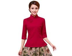 ACVIP Damen Reine Farbe Sieben Punkten Ärmel Klassisch Cheongsam Bluse (EU 34/ Chinese S, Rot) von ACVIP