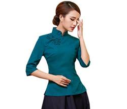 ACVIP Damen Reine Farbe Sieben Punkten Ärmel Klassisch Cheongsam Bluse (EU 38/ Chinese L, Pfau Blau) von ACVIP