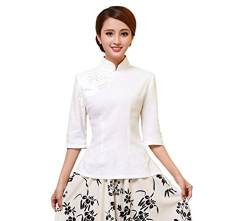 ACVIP Damen Reine Farbe Sieben Punkten Ärmel Klassisch Cheongsam Bluse (EU 42/ Chinese 2XL, Weiß) von ACVIP