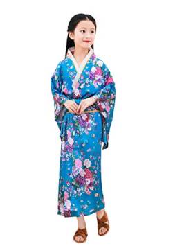 ACVIP Kinder Mädchen Pfingstrose Blumen Bedruckte Kimono mit Obi-Gürtel Cosplay Yukata(Höhe 140-150cm,Blau) von ACVIP