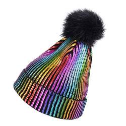 ACVIP warme Metallic Glitzer Strick Bommelmütze mit Kunstfell Bommel Winter Beanie Mütze(Mehrfarbig) von ACVIP