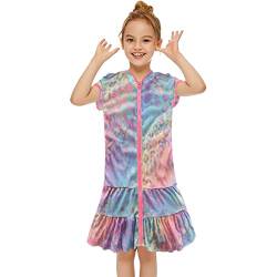 ACWERT MäDchen Dress Kleid mit Mütze,Schwimmen Kurze Ärmel Strand Badetücher Badekleidung MäDchen Kleider Sommer Kinder-Badeanzug-Vertuschung Strandkleid mit Reißverschluss (B-violett, 10-11 Years) von ACWERT