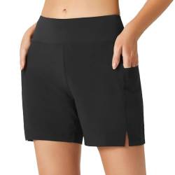 ACWOO Damen Badeshorts Schwimmen,Damen Badeshorts Bauchkontrolle, Schwimmshorts Schnell Trocknend,Bikini Shorts High Waisted Trunks mit Taschen, Sommer Sport Gym Shorts kühles, schnell Schwarz(L) von ACWOO