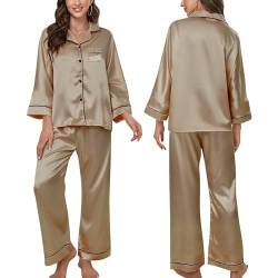 ACWOO Satin Damen Schlafanzug mit Knopfleiste, Langarm Nachtwäsche Schlafanzüge Set, Womens Silk Pajamas Set, Zweiteiliger Nachtwäsche Hausanzug(Champagne,L) von ACWOO