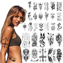 ACWOO Temporäre Tattoos, 40 Blätt Schwarz Temporäre Aufkleber, Blume Löwe Wolf Tiger Elch Alphabet Wasserfest Tattoo, Temporary Fake Tattoos für Frauen und Männer, Wasserdicht Tatoo für Arm Brust Bein von ACWOO