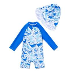 ADAVERANO Baby Jungen Repreve® Recycelter Badeanzug/Sonnenanzug UPF 50+ Einteiliger Ganzlängen-Reißverschluss Kappe.(Schildkröte,80-86cm) von ADAVERANO