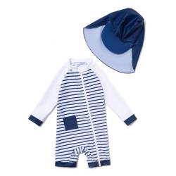 ADAVERANO Baby Jungen Repreve® Recycelter Badeanzug/Sonnenanzug UPF 50+ Einteiliger Ganzlängen-Reißverschluss Kappe.(Streifen,86-92cm) von ADAVERANO