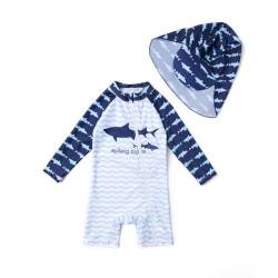 ADAVERANO Baby Jungen Repreve® Recycelter Badeanzug/Sonnenanzug UV 50+ Einteiliger Ganzlängen-Reißverschluss Kappe.(Welle Hai,86-92cm) von ADAVERANO