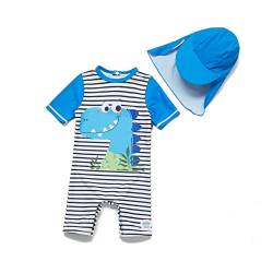 ADAVERANO Baby Jungen Sonnenanzüge UV50+ Badebeklideung EIN-Stück mit kurzen Sleeves mit Sonne Hut.(Gestreifte Dinosaurier,62-68Cm) von ADAVERANO