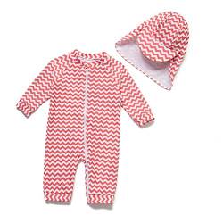 ADAVERANO Baby Mädchen Badebeklideung/Sonnenanzüge UV50+ In einem Stück Durchgehender Reißverschluss vorne mit Sonne Hut.(Rote Wellen,62-68Cm) von ADAVERANO