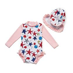 ADAVERANO Baby Mädchen Einteiliger Rashguard UV 50+ Sonnenschutz Lange ärmel Reißverschlüsse Badeanzug mit Sonnenhut.(EIN seestern,68-74Cm) von ADAVERANO