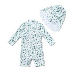 ADAVERANO Baby Mädchen Repreve® Recycelter Badeanzug/Sonnenanzug UPF 50+ Einteiliger Ganzlängen-Reißverschluss mit Kappe.(Grüne Blumen,86-92cm) von ADAVERANO
