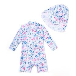 ADAVERANO Baby Mädchen Repreve® Recycelter Badeanzug/Sonnenanzug UPF 50+ Einteiliger Ganzlängen-Reißverschluss mit Kappe.(Rosa Blüten,92-98cm) von ADAVERANO