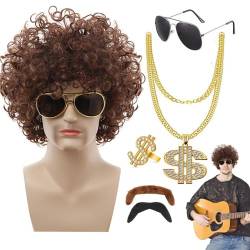 ADERN Disco-Perücken 70er für Damen,70er-Perücken für Damen Disco,Künstliche kurze lockige 70er Jahre Perücken - Modisches 60er-Jahre-Hippie-Kostüm mit Schnurrbart-Brille für Herren von ADERN