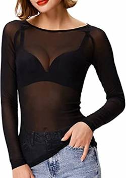 ADESUGATA Damen-Mesh-Oberteile, durchsichtiges Damen-Mesh-Top mit schmaler Passform, Langarm, durchsichtige T-Shirt-Bluse, S-L (L)… von ADESUGATA