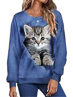 Frauen Rundhalsausschnitt Langarm Tops 3D-T-Shirt mit Katzenmotiv Niedliche Katze Muster Pullover Sweatshirt von ADITIRCP