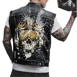 Herren Totenkopf Bedruckt Cowboy Gilet Weste Motorrad Racing Denim Westen Retro Punk Style Ärmellose Denim Jacke von ADITIRCP