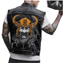 Herren Viking Warrior Bedruckte Cowboy Gilet Weste Motorrad Racing Denim Westen Retro Punk Style Ärmellose Denim Jacke von ADITIRCP