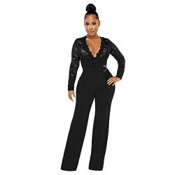 ADMAY Yoga Hosen Jumpsuit Sportleggings Damen Y22K Jumpsuits Damen Langarm Club Party Overalls Bodycon Spitze Langer Strampler, Schwarz , L von ADMAY