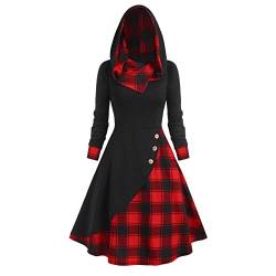 Damenkleid, Boheme, schick, Sommer, sexy, Strand, Damen, Langarm, Plaid Color Block, Splic Hoodie, Casual, Swing, Loose, Pullover, Kleid, kurz, figurbetont, rot, Large von ADMAY