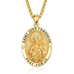 ADMETUS Heiliger Judas Anhänger 925 Sterling Silber Gold Oval Heiliger Judas Thaddäus Kette St. Jude Medaille Anhänger Halskette Schutz Schmuck Religiöse Geschenk für Herren von ADMETUS