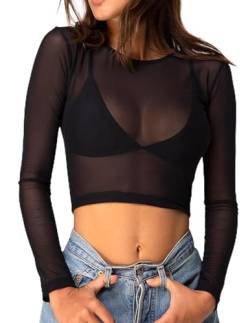 ADOME Crop Top für Frauen Mesh Tee Shirt Plus Size Sheer Bluse lang/Kurzarm S-4XL - - Small von ADOME