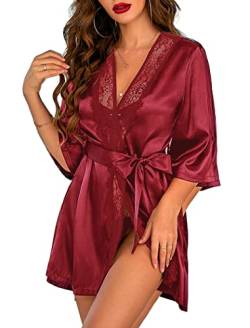 ADOME Damen-Bademantel aus Satin, kurz, Dessous, Nachtwäsche, Seide, Bademantel, Wine Red, L von ADOME