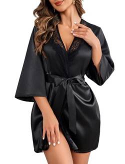 ADOME Damen Kimono Robe Kurz Satin Pure Kurz Seidig Roben, A-Schwarz, Large von ADOME