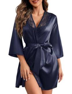 ADOME Damen Kimono Robe Kurz Satin Pure Kurz Seidig Roben, Marineblau, Small von ADOME