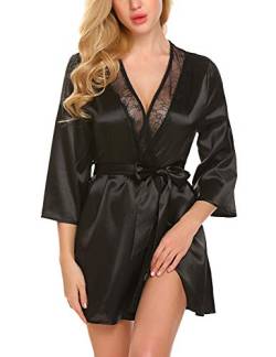 ADOME Damen Kimono Robe Kurz Satin Pure Kurze Seidige Roben, Schwarz , 48 von ADOME