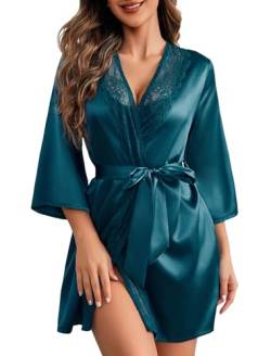 ADOME Damen Kimono Robe Kurz Satin Pure Short Silky Bademäntel, blau - peacock blue, Medium von ADOME