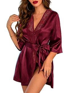 ADOME Damen Kimono Robe Kurz Satin Pure Short Silky Robes, dunkelrot, Large von ADOME