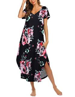 ADOME Damen Nachthemd Kurzarm Nightwear Baumwolle Nachtkleid Lang Schlafshirt T-Shirt Sommer Strandkleid Große Größen mit Taschen，Schwarz-Drucken，S von ADOME