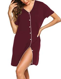 ADOME Damen Nachthemd Sommer Sleepshirt V-Ausschnitt Kurzarm mit Knopfleiste Nachtwäsche Nachthemd Geburt Geburtshemd Rot L von ADOME