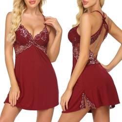 ADOME Damen Negligee Sexy Nachtwäsche Sleepwear Nachthemd Spitze Nachtkleid Lingerie Babydoll Dessous Unterwäsche Reizwäsche BH mit String,A-weinrot,L von ADOME