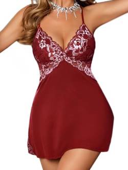 ADOME Damen Negligee Sexy Nachtwäsche Sleepwear Nachthemd Spitze Nachtkleid Lingerie Babydoll Dessous Unterwäsche Reizwäsche BH mit String,A-weinrot,L von ADOME