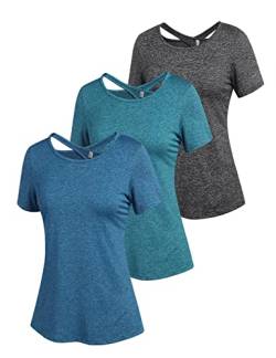 ADOME Damen Sport T-Shirt Funktionsshirt Kurzarm Sportshirt Rundhals Laufshirt Yoga Shirt Damen Schnelltrockend Rückenfreies Oberteil 3er Pack Pat1 S von ADOME