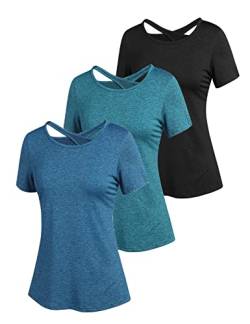 ADOME Damen Sport T-Shirt Kurzarm Sportshirt Funktionsshirt Yoga Shirt Damen Rückenfreies Oberteil Laufshirt Top Sport Shirts Elastisch 3er Pack Pat2 M von ADOME