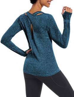ADOME Damen-Yoga-Shirt, langärmelig, Workout-Shirts für Frauen, schnelltrocknend, Fitnessstudio, Athletik, Laufen, Yoga, blau, Groß von ADOME